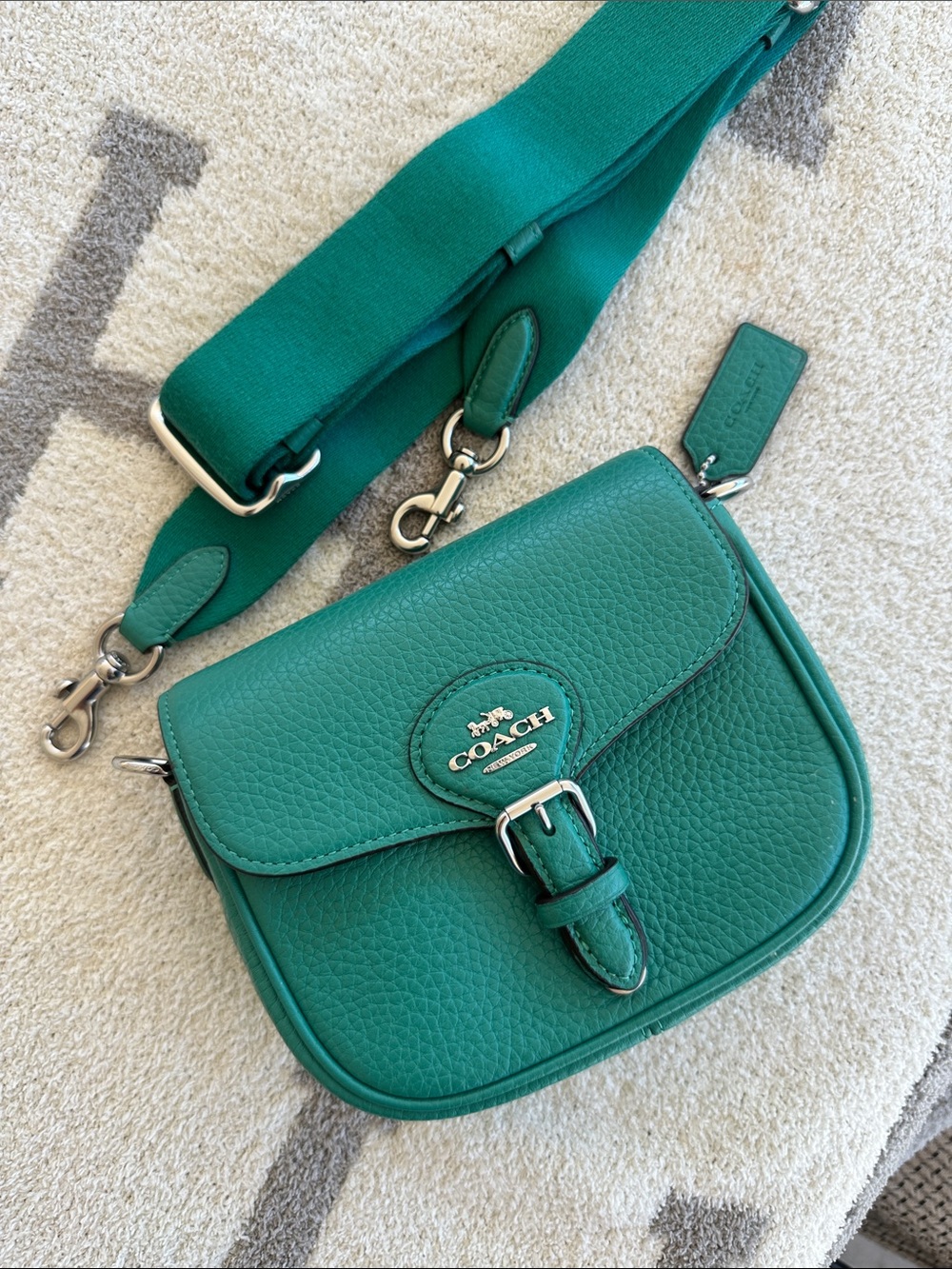 COACH Green Pebbled Leather Buckle Flap Crossbody